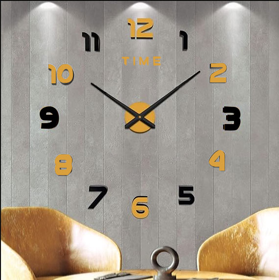 Montre Murale 3D Autocollant 120 Cm En Noir et Doré