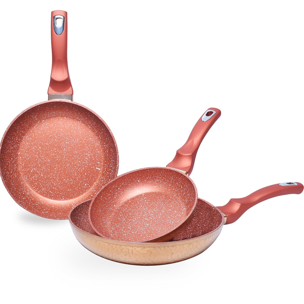 Set De 3 Poêles Granite Golden House - 20 cm - 24 cm - 28 cm - Effet Cuivre