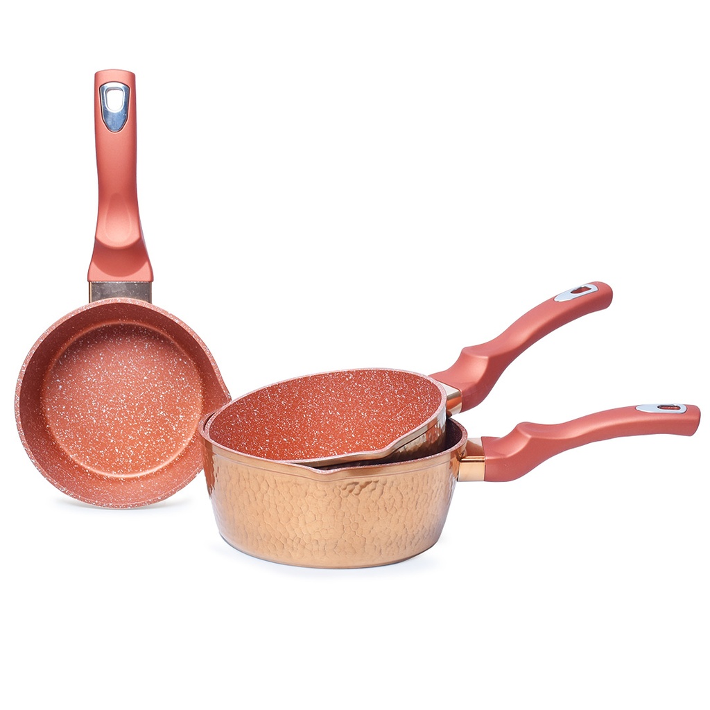 [ENN353] Set De 3 Casseroles Granite Golden House - 16 cm - 18 cm - 20 cm - Effet Cuivre