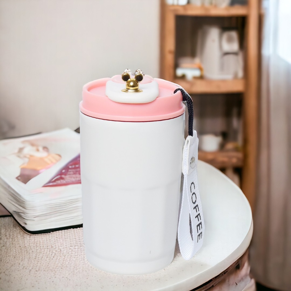 [AF0028] Mug Thermos en acier inoxydable 400ml - Couvercle Rose