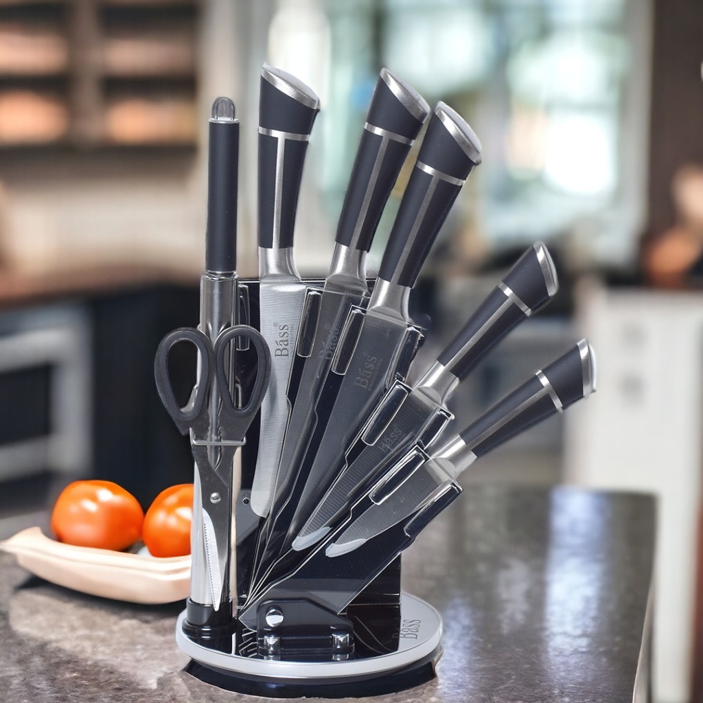 Ensemble 8 Pièces Couteaux Bàss avec Support Tournant - Manche Noir 