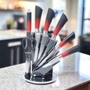 Ensemble 8 Pièces Couteaux Bàss avec Support Tournant - Manche Rouge/Noir 