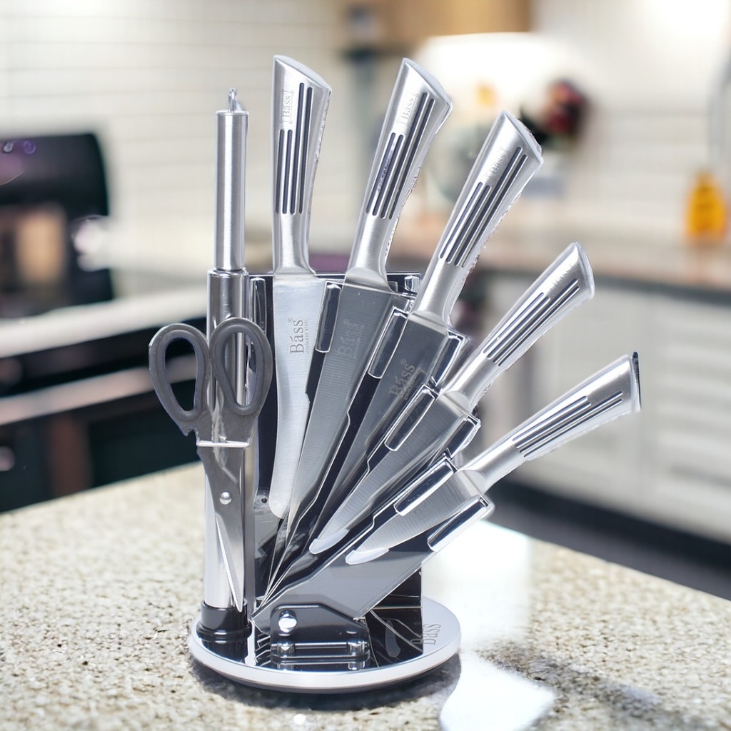 Ensemble 8 Pièces Couteaux Bàss avec Support Tournant - Manche Inox 
