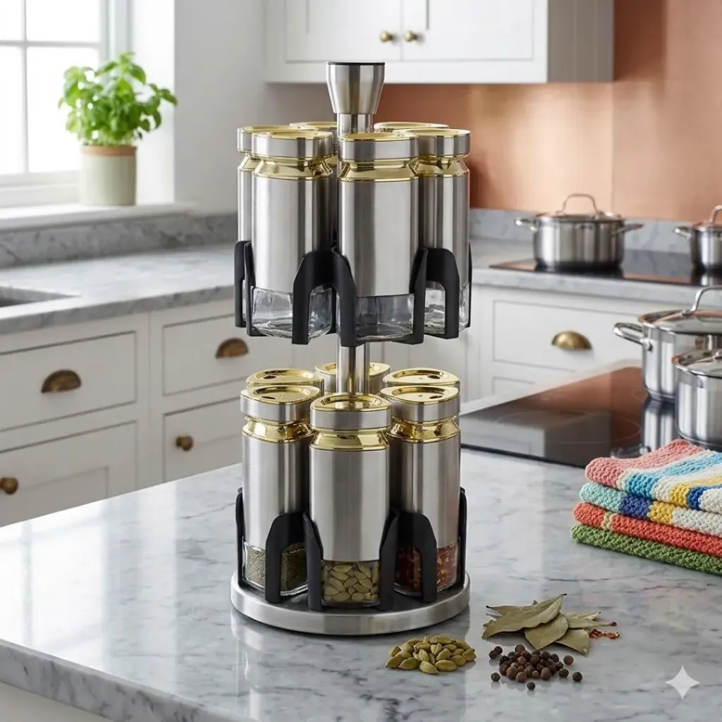 [AF0043] Set Portes Épices 12 Pièces En Verre Avec Support - Inox