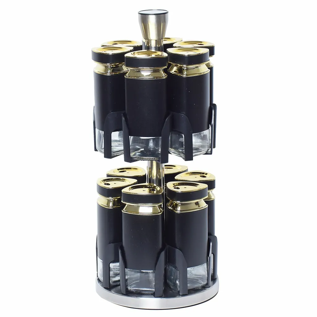 [AF0045] Set Portes Épices 12 Pièces En Verre Avec Support - Noir