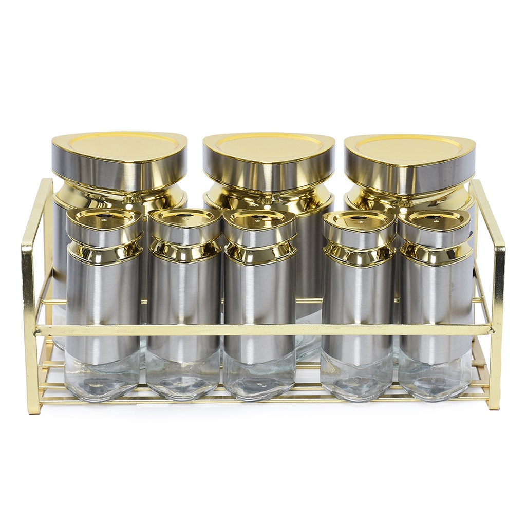 [AF0046] Set Portes Épices 8 Pièces En Verre Avec Support - Inox