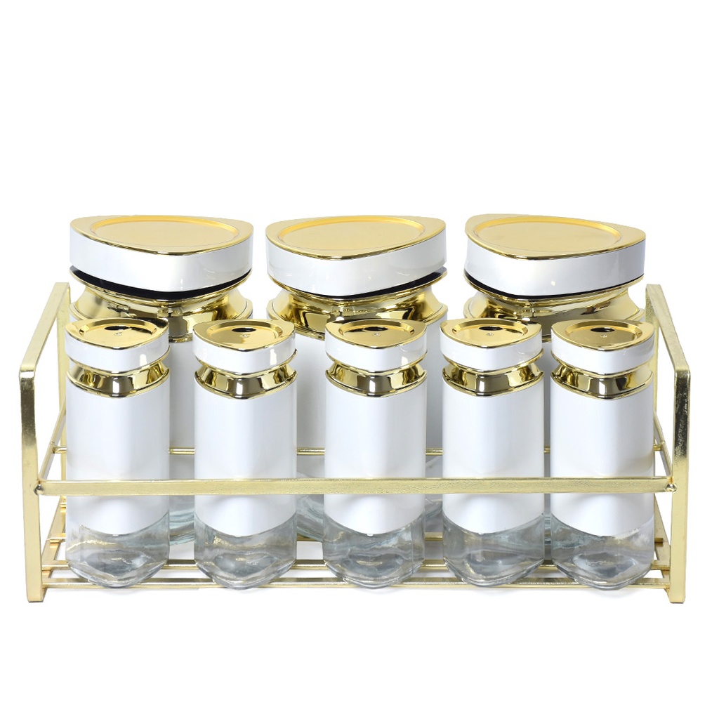 [AF0047] Set Portes Épices 8 Pièces En Verre Avec Support - Blanc