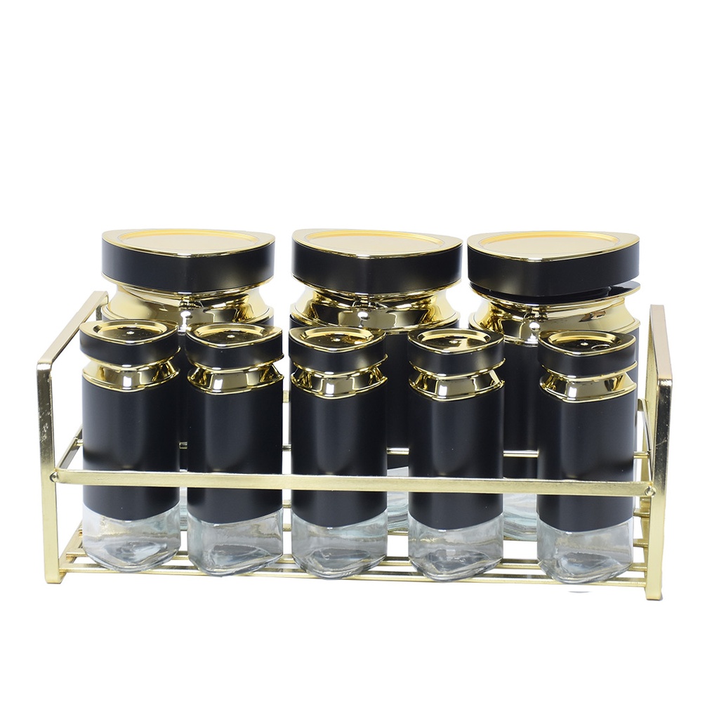 [AF0048] Set Portes Épices 8 Pièces En Verre Avec Support - Noir