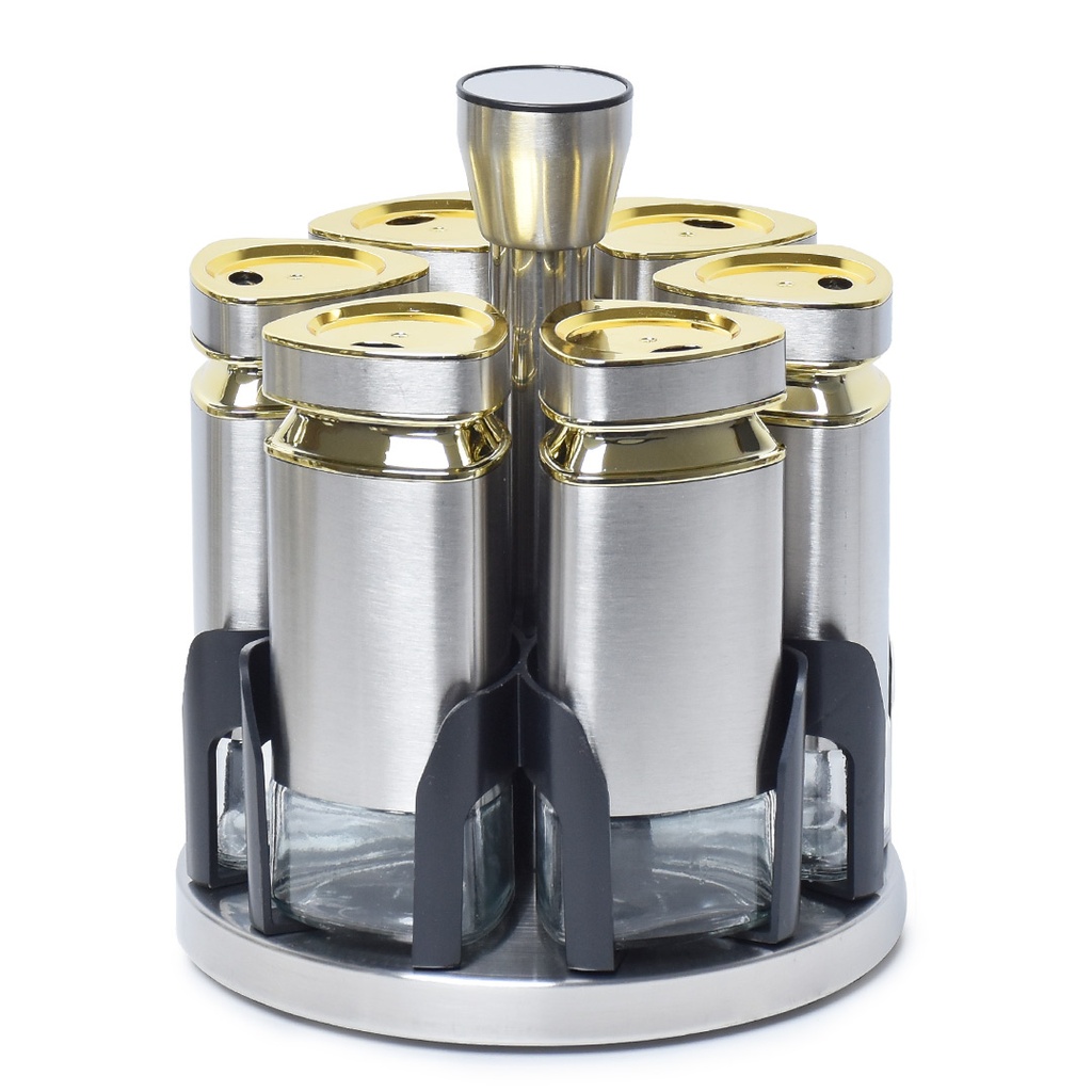 [AF0049] Set Portes Épices 6 Pièces En Verre Avec Support - Inox