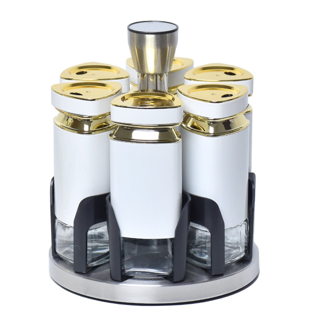 [AF0050] Set Portes Épices 6 Pièces En Verre Avec Support - Blanc