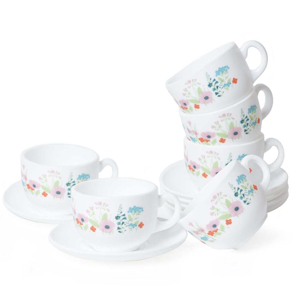 Coffret De 6 Verres à Café au lait Tasse et Sous Tasses - Rose Pompon - 22cl 