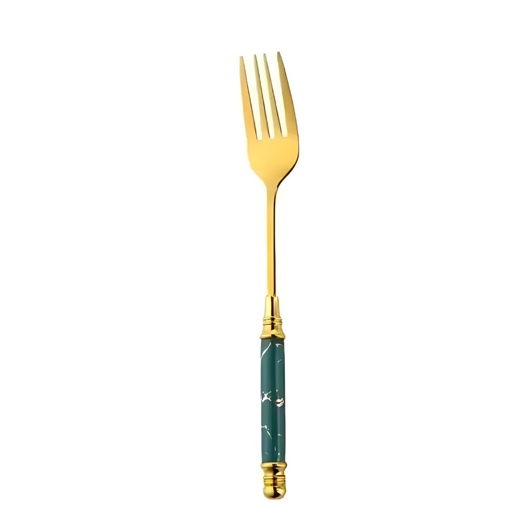 [AF0087] Lot De 6 Fourchettes de Table doré poignée en Marbre Vert