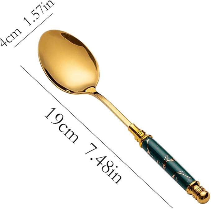 Lot De 6 Cuillères de Table doré poignée en Marbre Vert