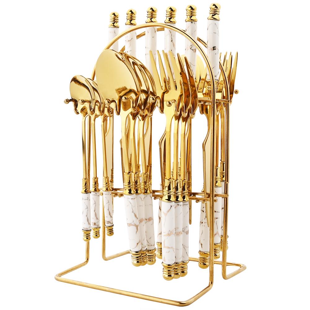 Coffret Ménagère 24 Pièces avec Support doré poignée en Marbre Blanc