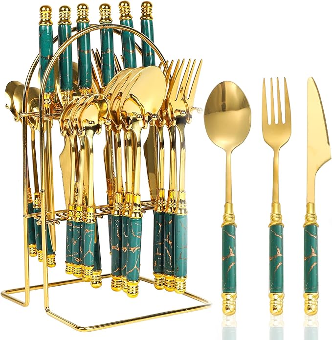 [AF0096] Coffret Ménagère 24 Pièces avec Support doré poignée en Marbre Vert