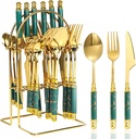 Coffret Ménagère 24 Pièces avec Support doré poignée en Marbre Vert