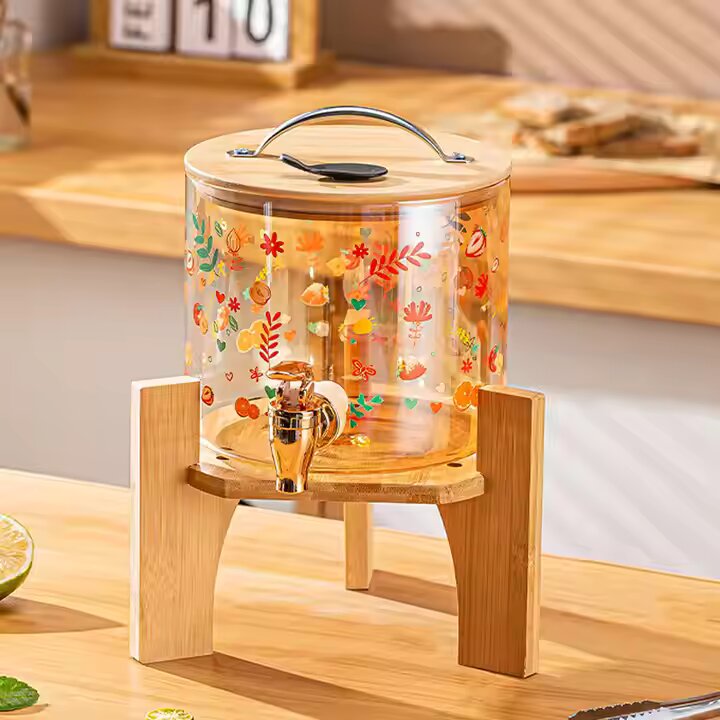 Distributeur Boisson en verre 2,6L avec support en Bois