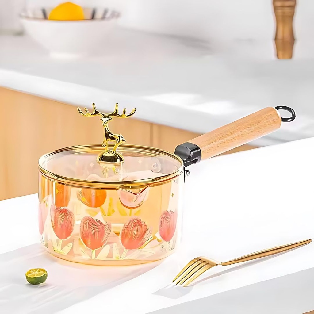 [SAI0015] Casserole en Verre avec Couvercle Doré Floral