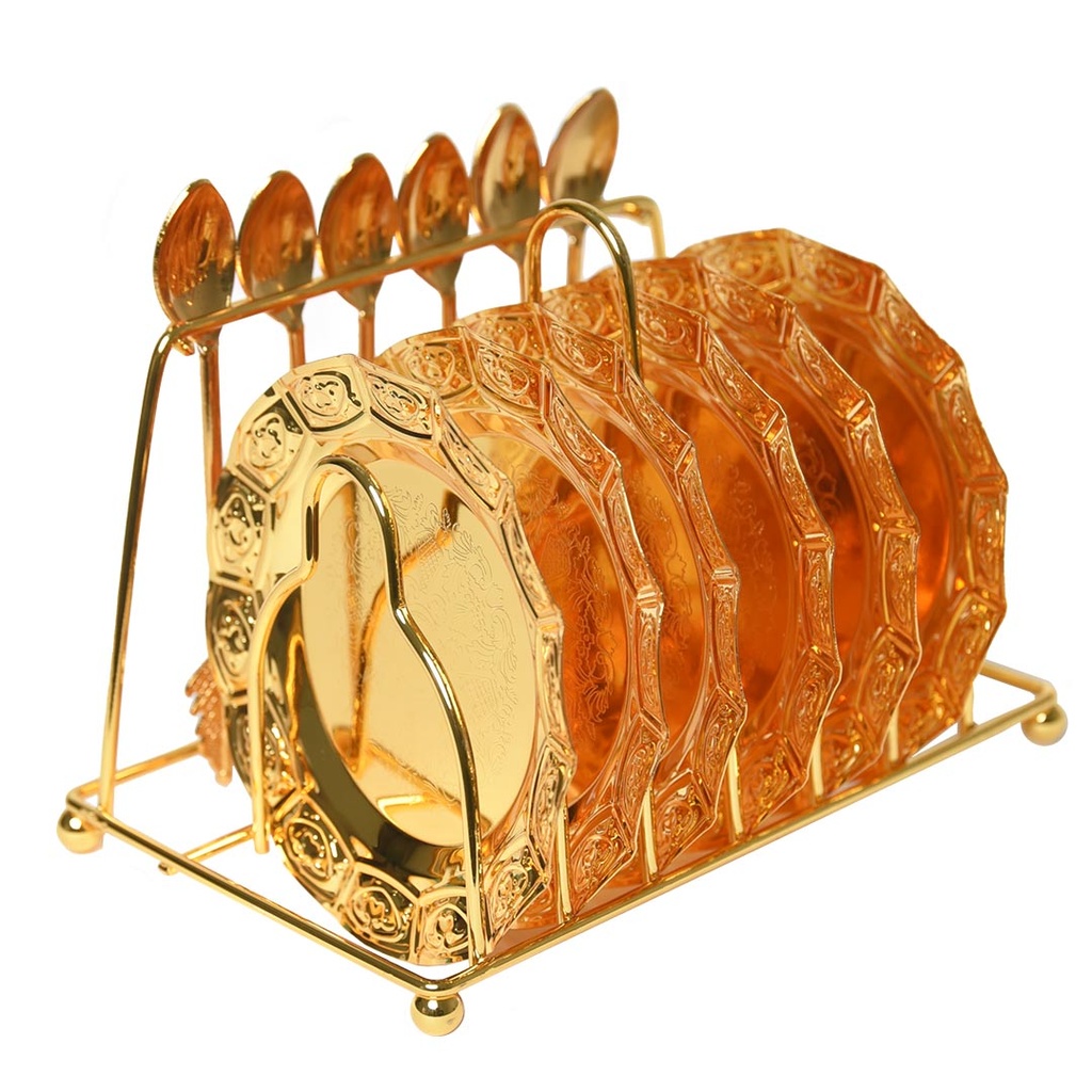 Set de 6 sous tasses et 6 cuillère avec support en acier Doré (M1)