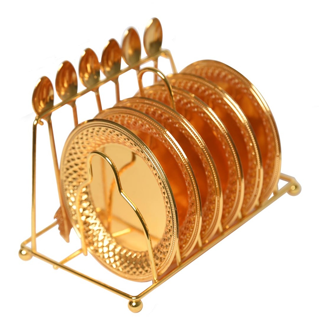 Set de 6 sous tasses et 6 cuillère avec support en acier Doré (M4)