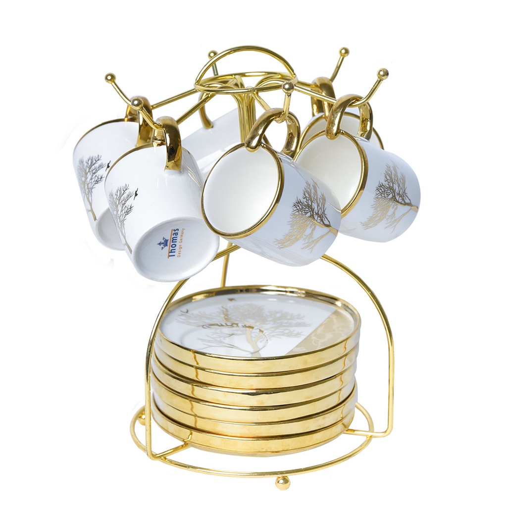 Service a Café Porcelaine 13 pièces Avec Support Motif Arbre Doré