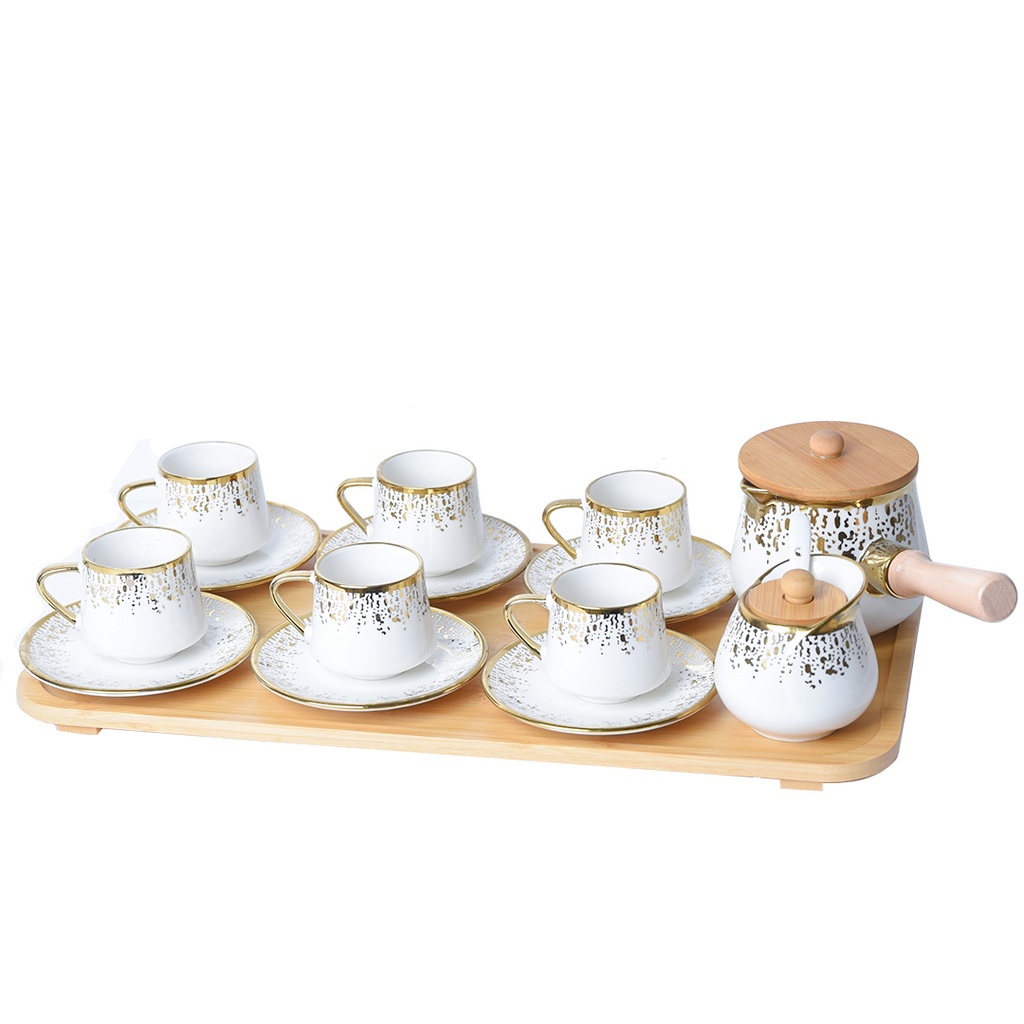 [D-JD8047] Service a Café Porcelaine 16 pièces avec Plateau en Bois Bambou Motif Doré