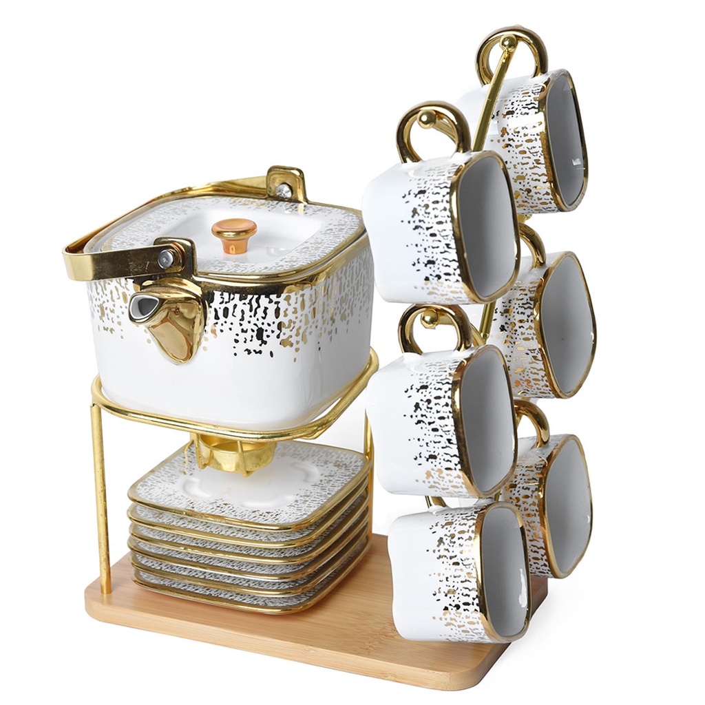 Service a Café Porcelaine 16 pièces avec Support Bougie Motif Doré