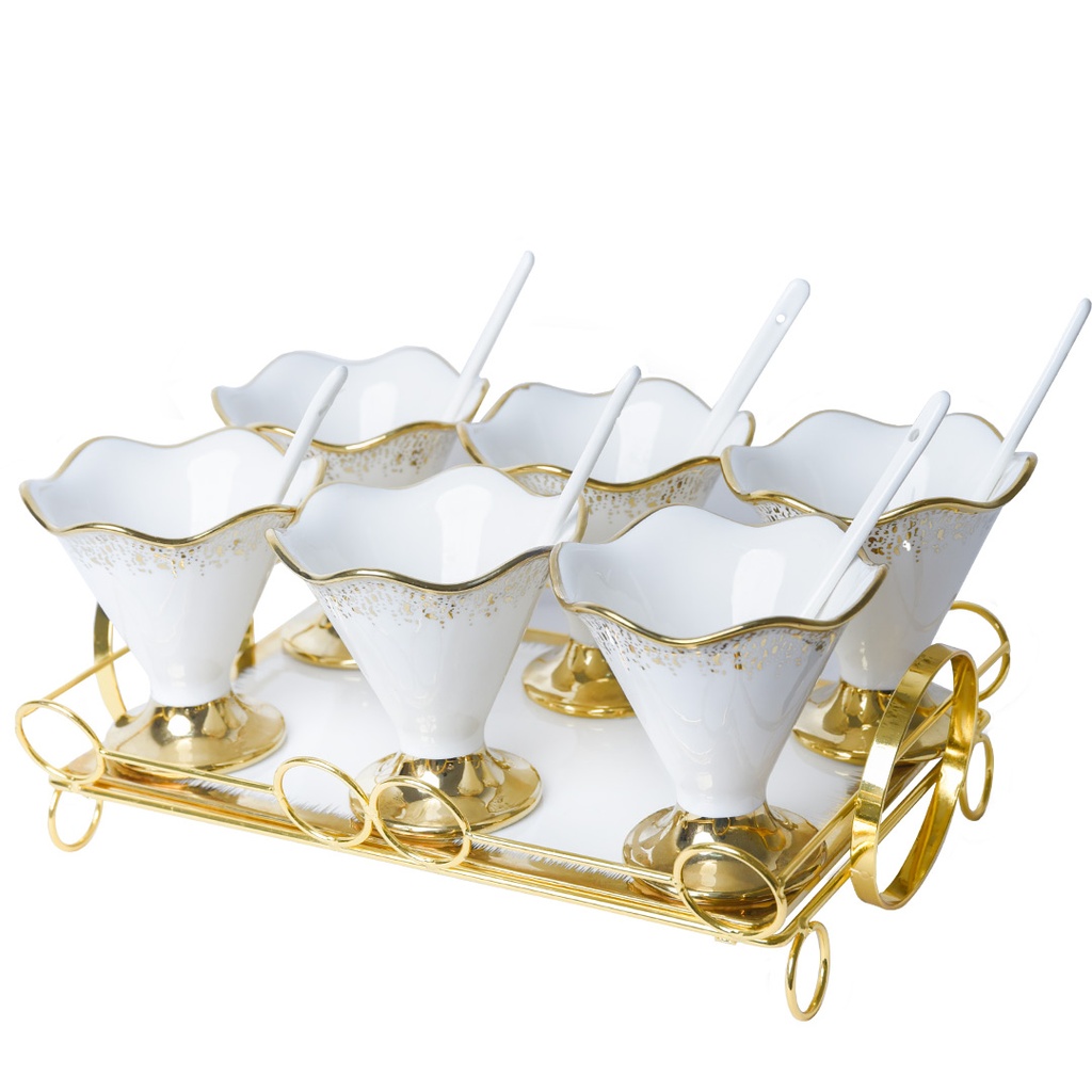 [D-JDB842] Service à Dessert 14 pièces Avec Plateau Doré