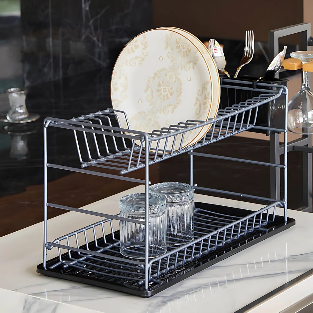 Égouttoir À Vaisselle Portable À Deux Niveaux Gris Avec Plateaux -50 cm- ZENSAN