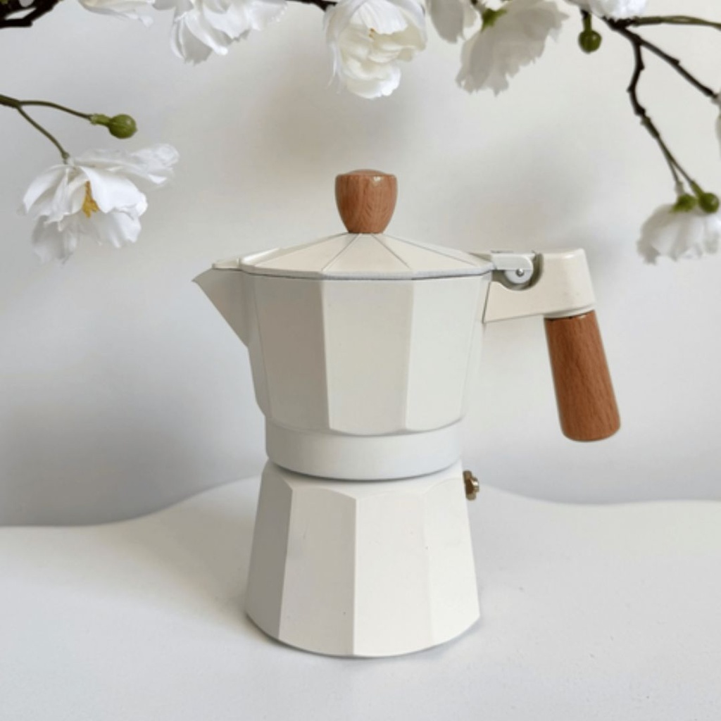 Cafetière italienne Moka En Aluminium 3 Tasses Blanc avec Poignée effet Bois