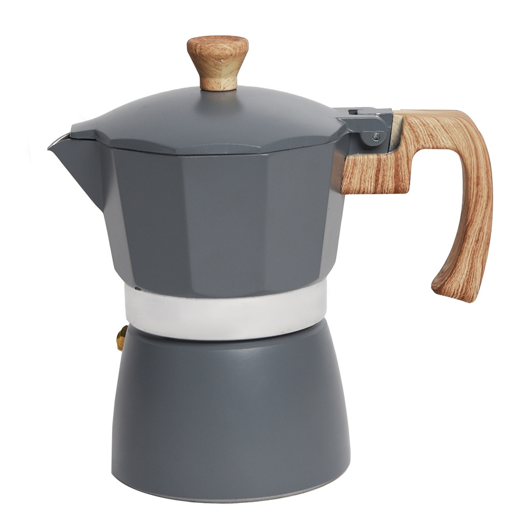 Cafetière italienne Moka En Aluminium 3 Tasses Gris avec Poignée effet Bois
