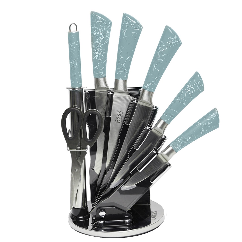 [AF0119] Ensemble 8 Pièces Couteaux Bàss avec Support Tournant Vert d'Eau