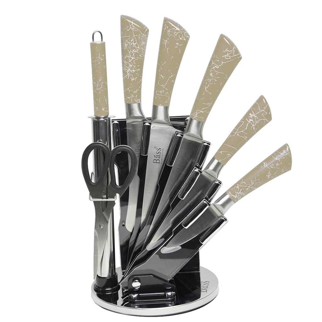 [AF0120] Ensemble 8 Pièces Couteaux Bàss avec Support Tournant Beige