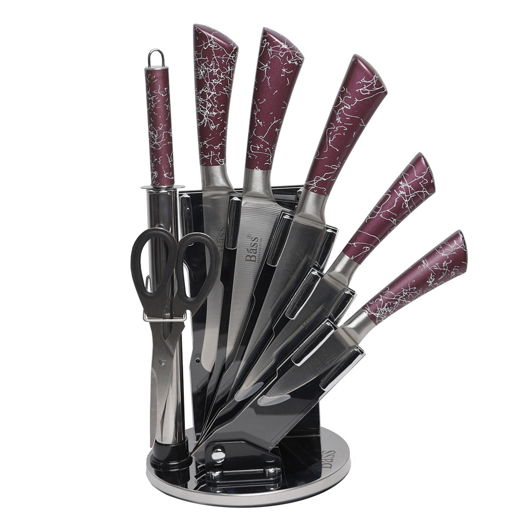 [AF0121] Ensemble 8 Pièces Couteaux Bàss avec Support Tournant Rouge Bourdeau