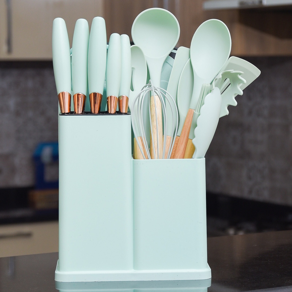 Set D'ustensiles De Cuisine 19 Pièces En Silicone - Vert d'eau