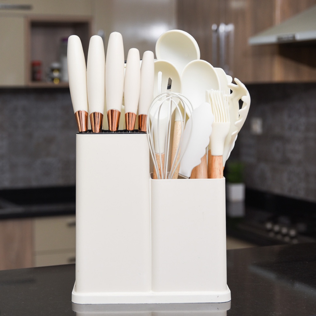 Set D'ustensiles De Cuisine 19 Pièces En Silicone - Beige