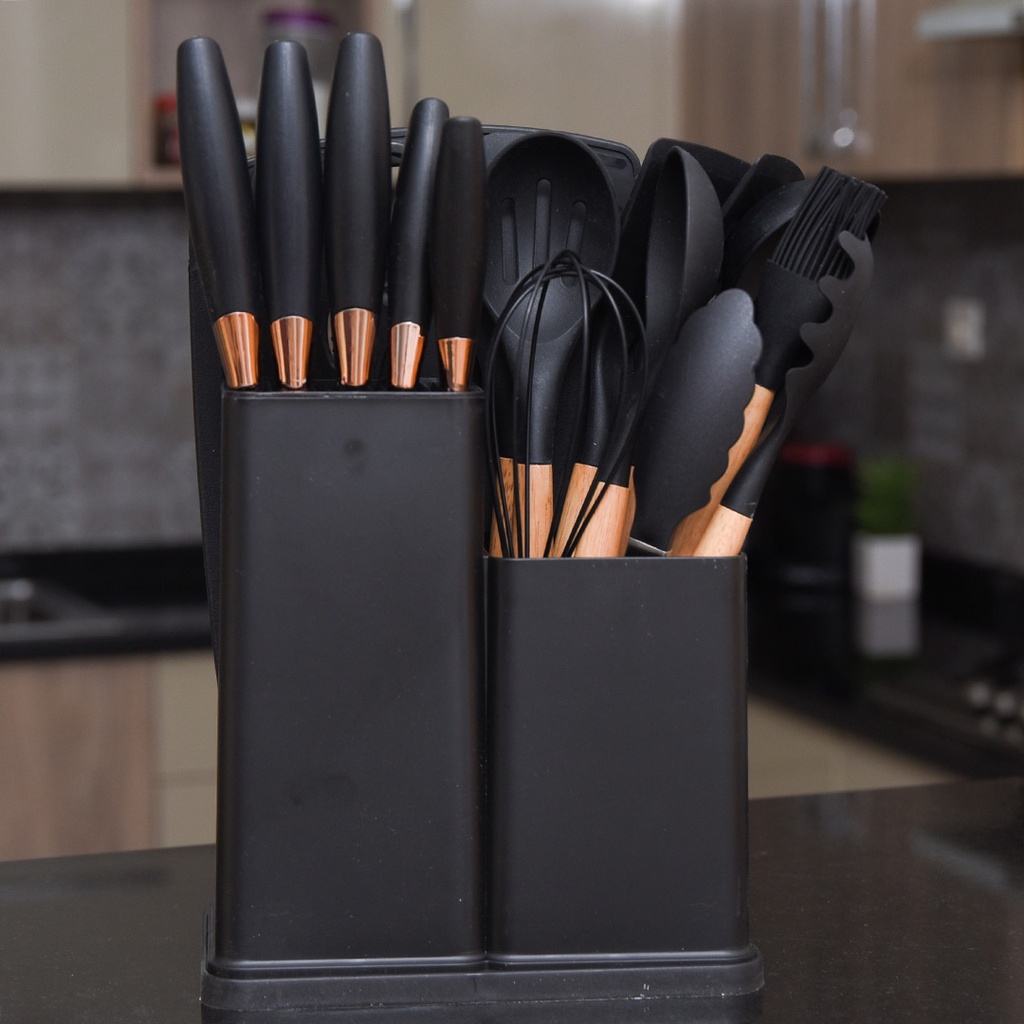 [SAI43163] Set D'ustensiles De Cuisine 19 Pièces En Silicone - Noir