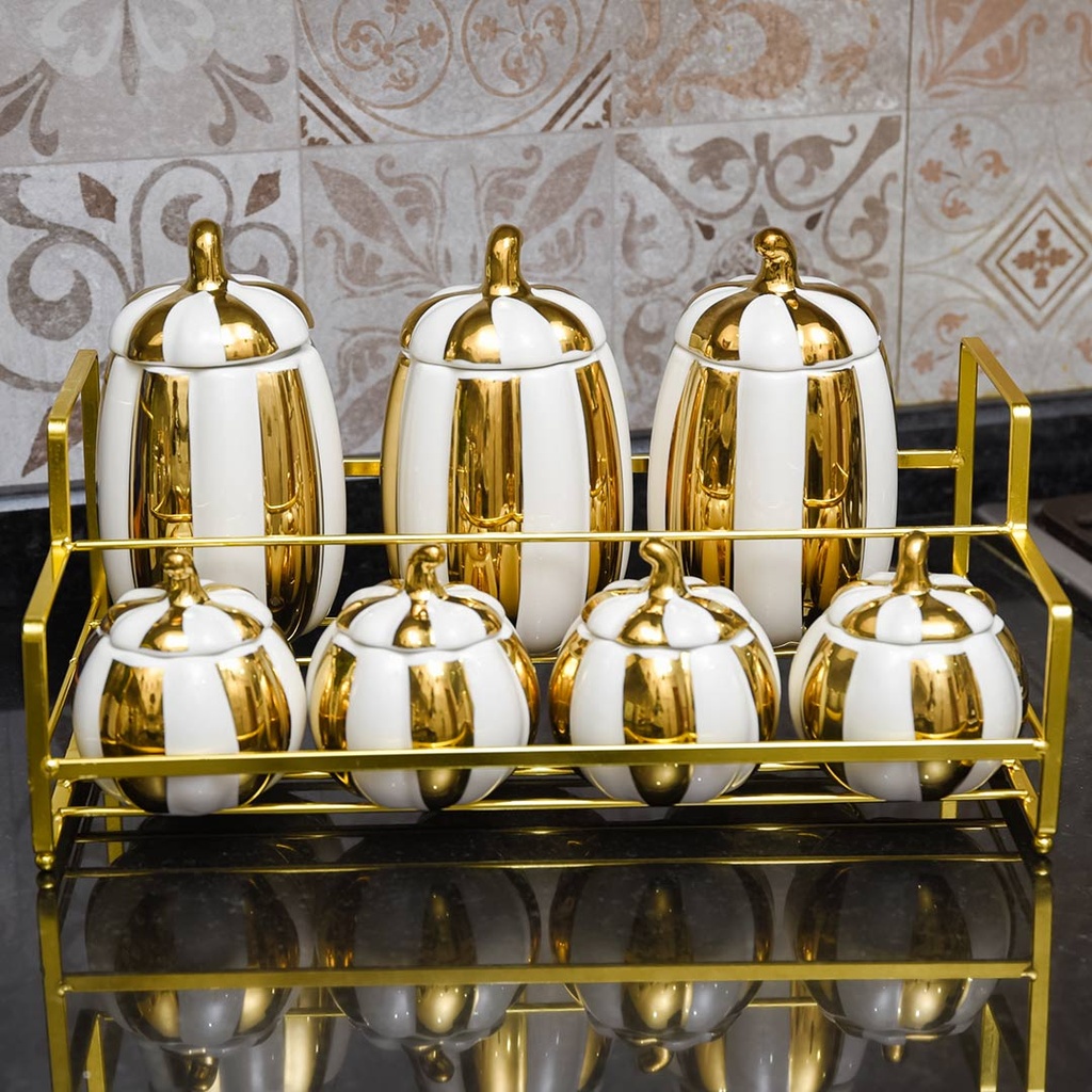 Ensemble de 7 Porte Epices Blanc & Doré en Céramique avec Support Doré