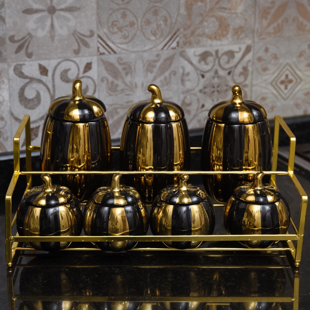 Ensemble de 7 Porte Epices Noir & Doré en Céramique avec Support Doré