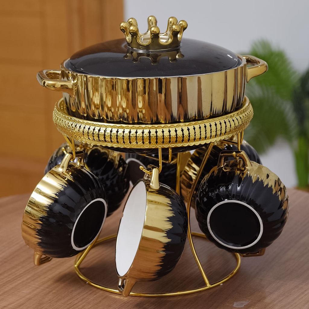 Service À Soupe Noir & Doré 9 Pièces En Céramique