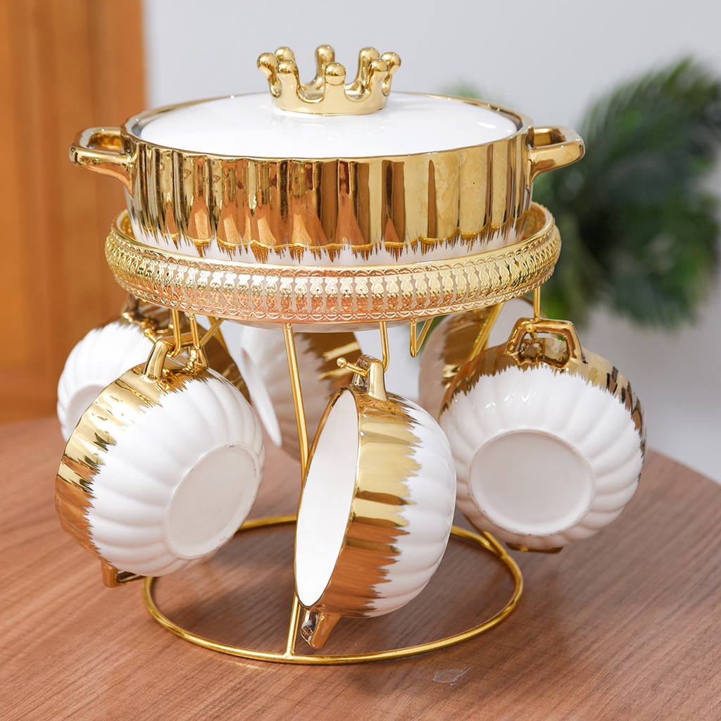 Service À Soupe Blanc & Doré 9 Pièces En Céramique