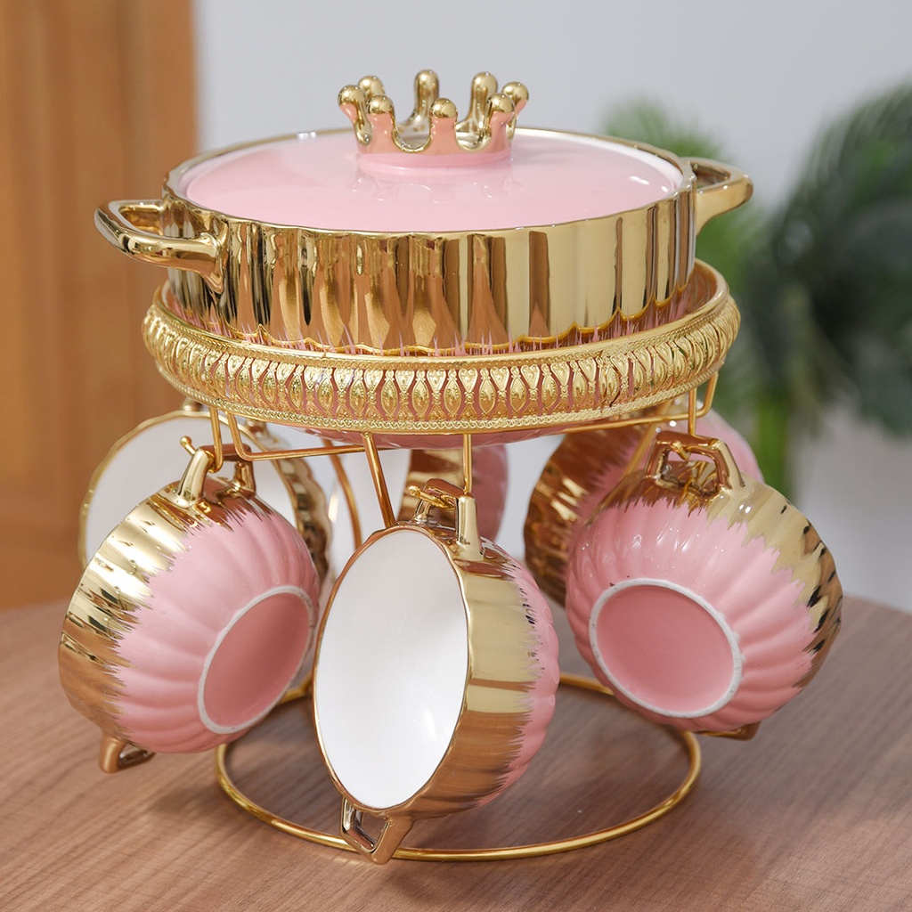 Service À Soupe Rose & Doré 9 Pièces En Céramique