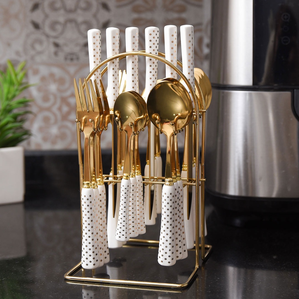 Coffret Ménagère Blanc 24 Pièces avec Support doré poignée en Marbre M1