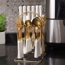 Coffret Ménagère Blanc 24 Pièces avec Support doré poignée en Marbre M1