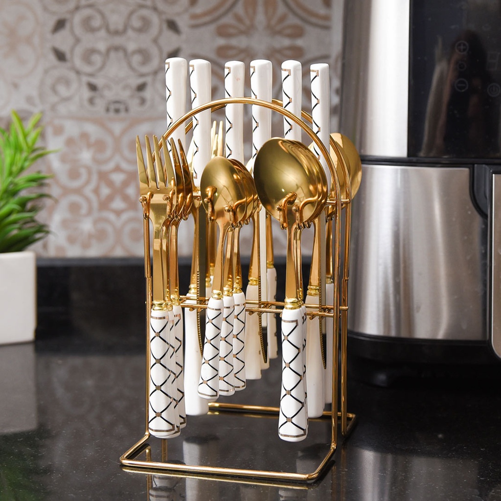 Coffret Ménagère Blanc 24 Pièces avec Support doré poignée en Marbre M2