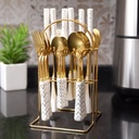 Coffret Ménagère Blanc 24 Pièces avec Support doré poignée en Marbre M3