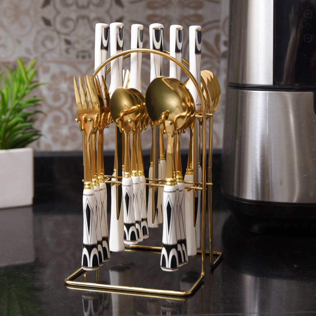 Coffret Ménagère Blanc 24 Pièces avec Support doré poignée en Marbre M4