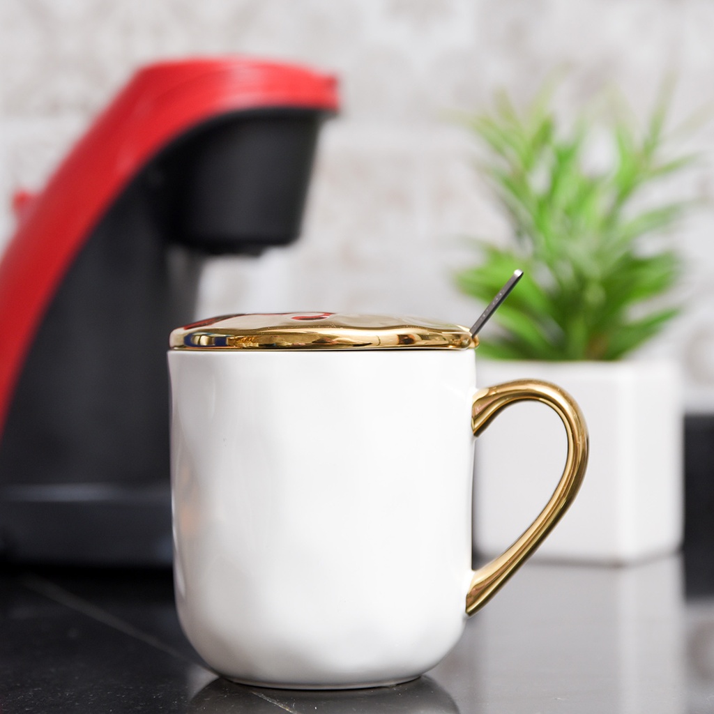 Mug En Céramique Blanc avec Couvercle Doré et Cuillère