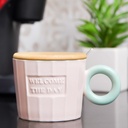 Mug En Céramique Rose avec Couvercle en Bois et Cuillère
