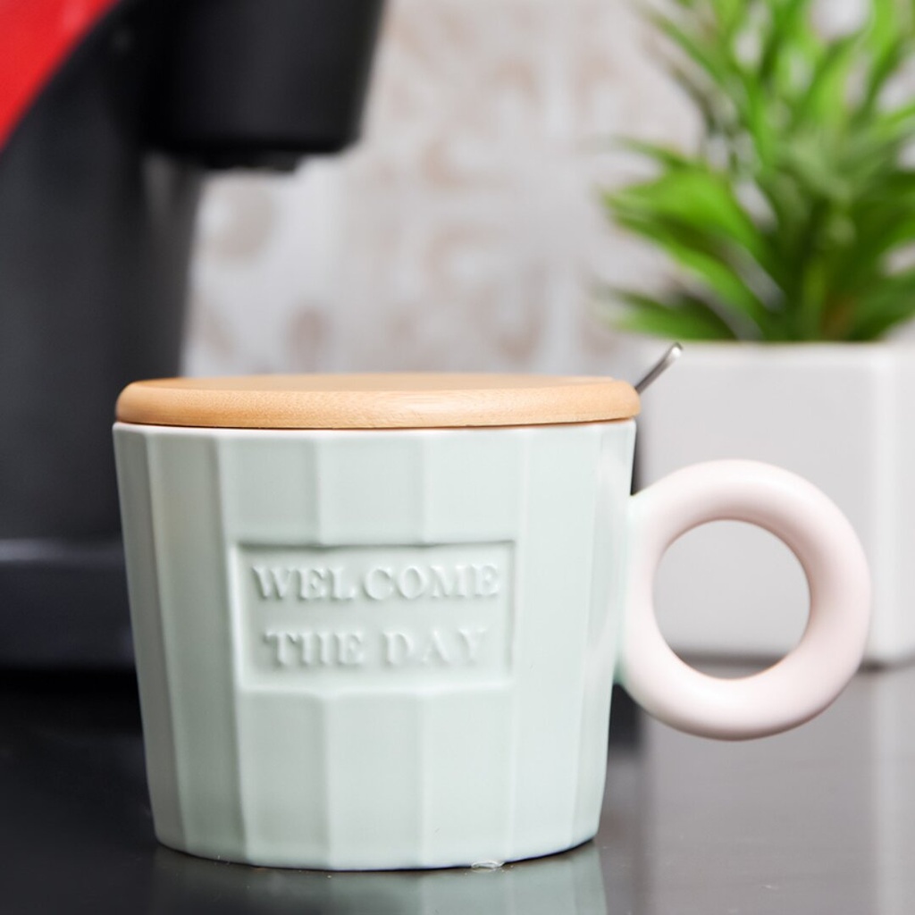 Mug En Céramique Vert d'eau avec Couvercle en Bois et Cuillère